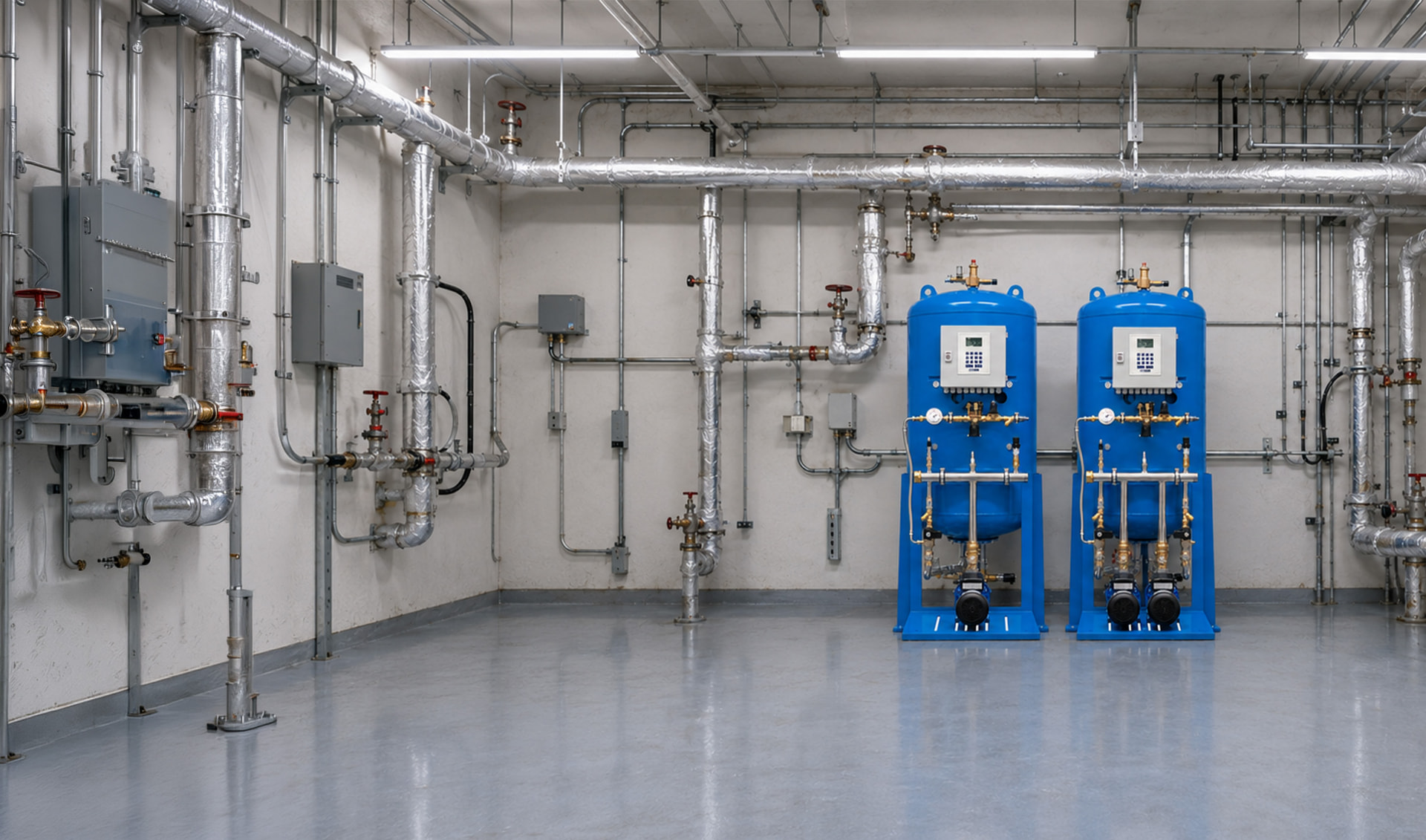 Technikzentrale mit zwei blauen Druckhaltestationen TECHNOMAT PROGRESS